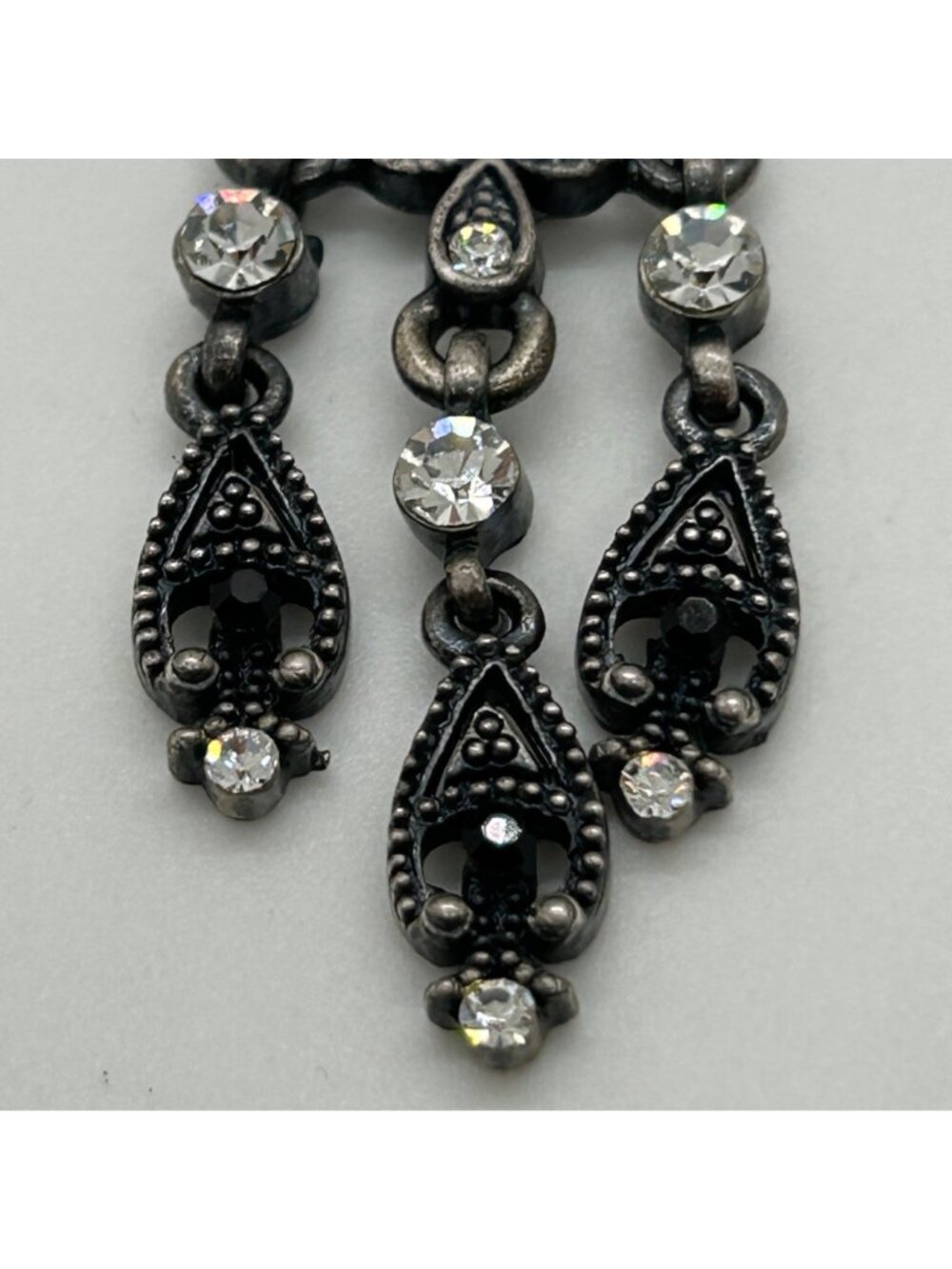 Gothic Chandelier Earrings Gunmetal Victorian Revival Black Rhinestone Statement - Picture 5 of 13
